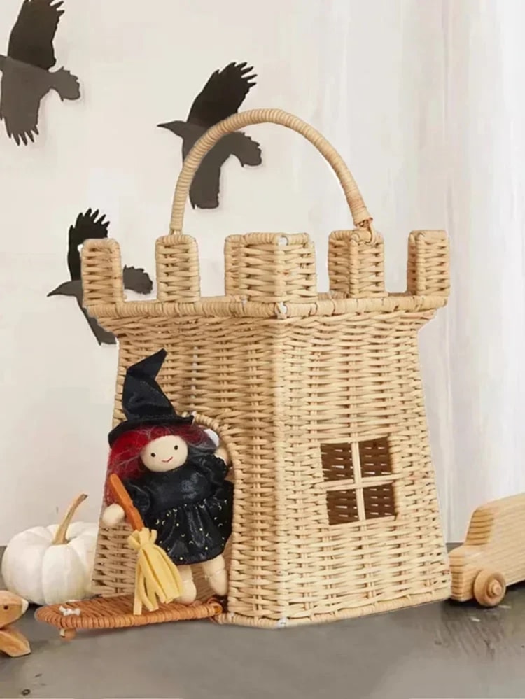 Rattan Castle Storage Basket Handmade Woven Picnic Bag for Kids Toys and Home Decor