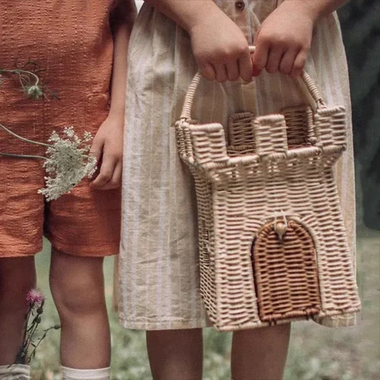 Rattan Castle Storage Basket Handmade Woven Picnic Bag for Kids Toys and Home Decor